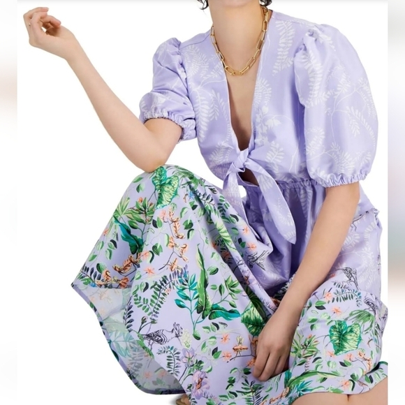INC International Concepts Dresses & Skirts - I.N.C. Floral Lavender Dress with Tie Front Size L 100% Cotton